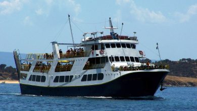 A passenger ferry under way close to the Greek coast