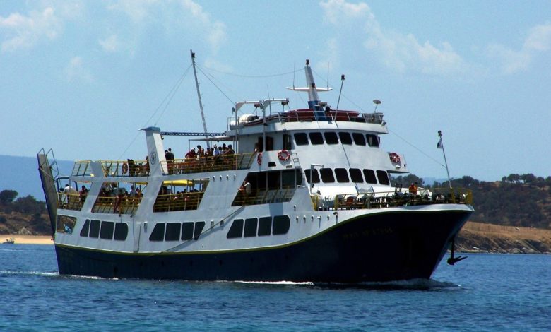 A passenger ferry under way close to the Greek coast