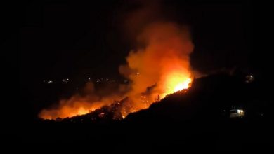Kefalonya'nin Pastra bolgesinde gece ilerleyen orman yangini cephesi