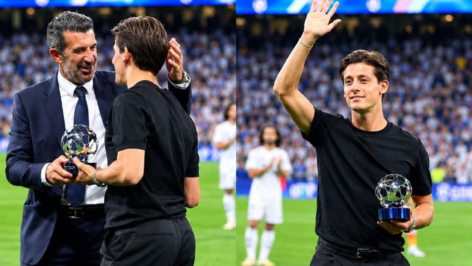 Şampiyonlar Ligi’nde ilk hafta heyecanı sona erdi 3 Arda Güler, Real Madrid-Inter karşılaşması öncesinde geçen sezonun Şampiyonlar Ligi Çıkış Yapan Oyuncusu ödülünü Luis Figo’nun elinden aldı.
